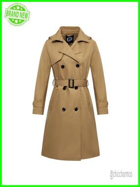 Women's Waterproof Trench Coat Long Double Breasted Windbreaker Belted Lapel